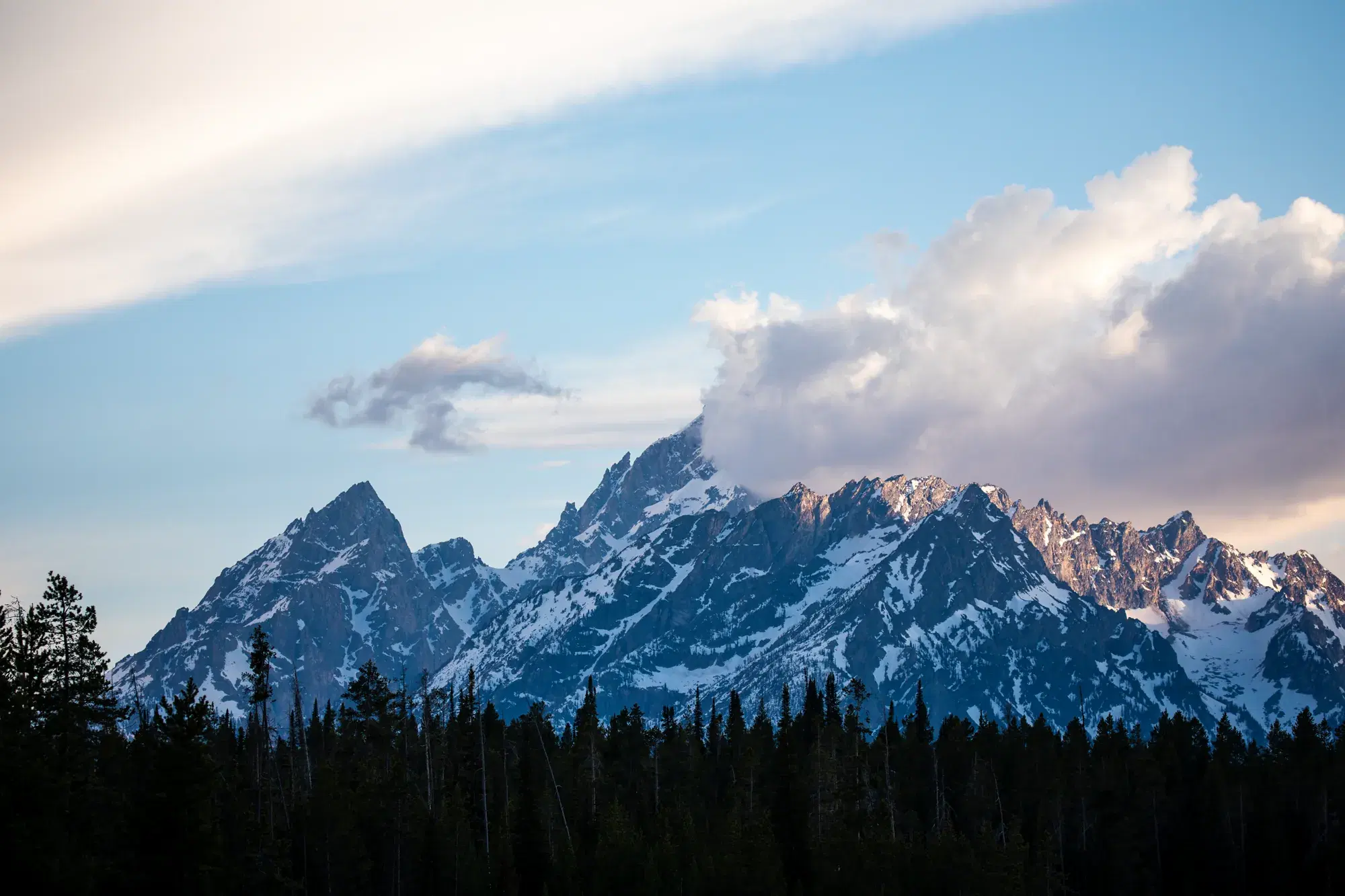 Snow-capped peaks of a protected mountain range rising above dark forest
