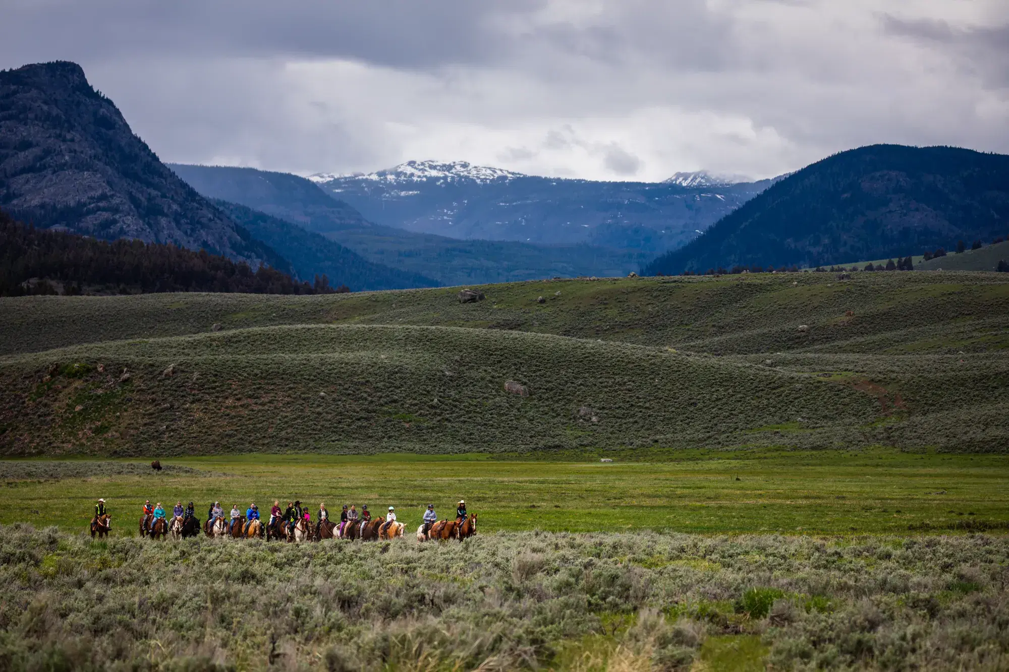 A line of horseback riders crossing a broad mountain valley